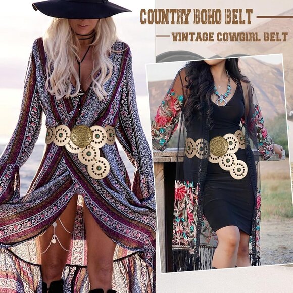 Woman's Western PU Leather Belts Concho Disc Wide Waist Belt Gold Bronze Buckle - Picture 6 of 6